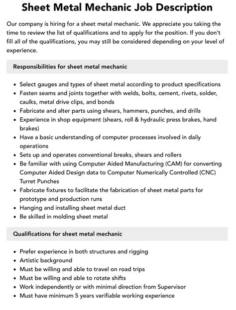 sheet metal welding job description|sheet metal mechanic job duties.